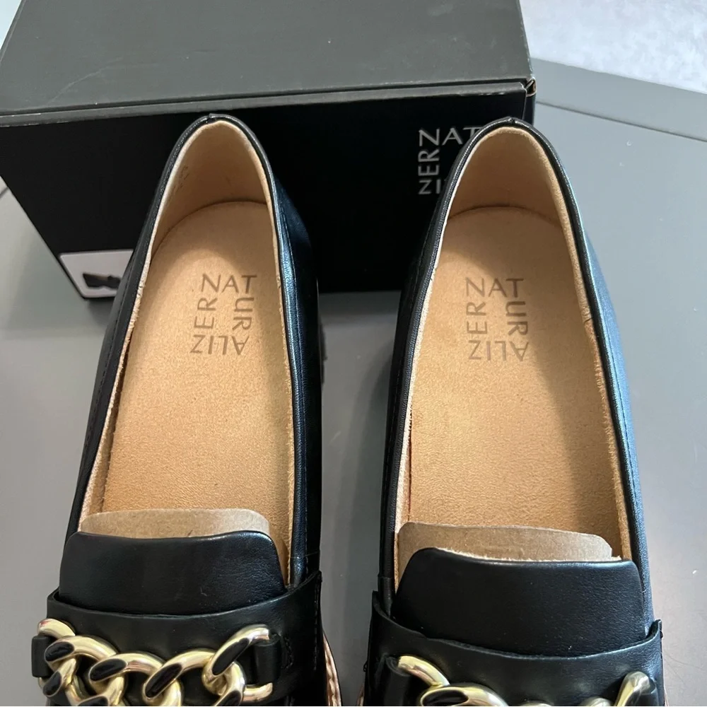 Naturalizer Black Leather Desi Slide on Loafers with Gold Chain Accent